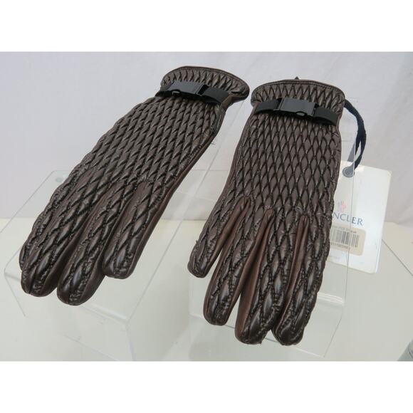 NEW $745 MONCLER QUILTED LEATHER WOOL LINING BROWN WINTER WOMEN GLOVES M ITALY - Picture 7 of 12